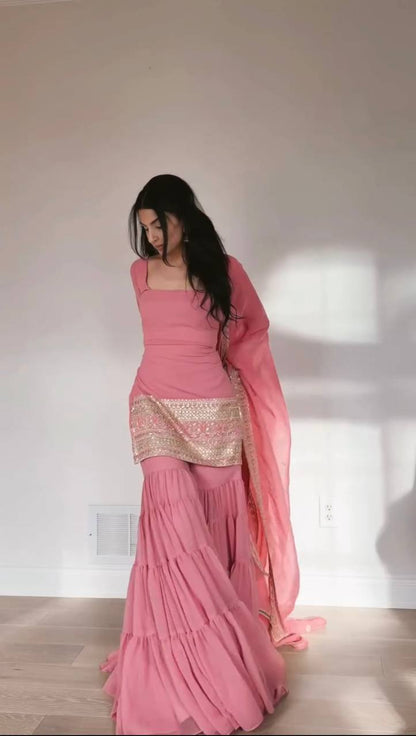 Baby Pink Embroidered Kurti Sharara Set with Dupatta – Elegant Festive Wear for Women