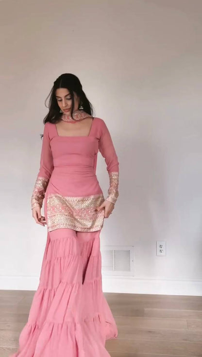 Baby Pink Embroidered Kurti Sharara Set with Dupatta – Elegant Festive Wear for Women