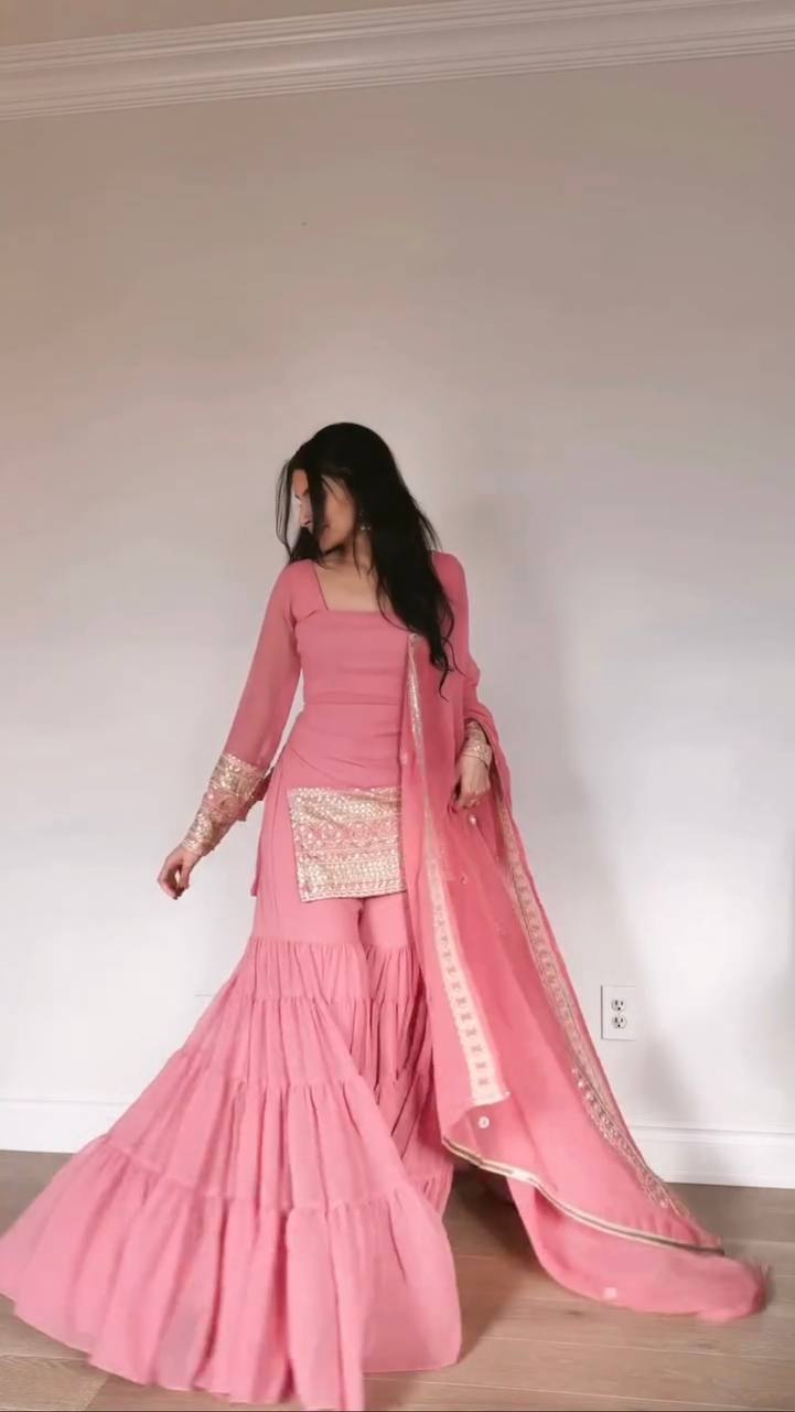 Baby Pink Embroidered Kurti Sharara Set with Dupatta – Elegant Festive Wear for Women