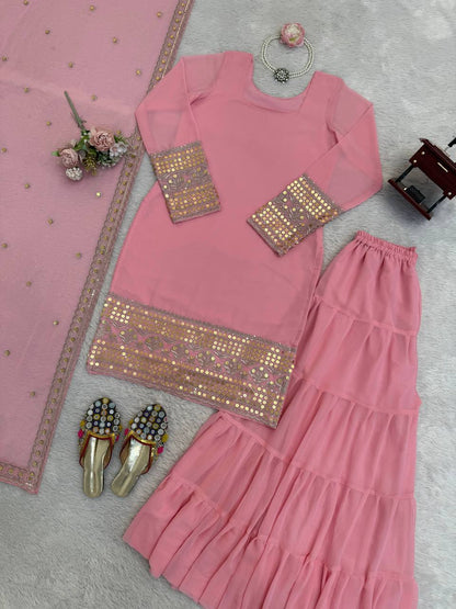 Baby Pink Embroidered Kurti Sharara Set with Dupatta – Elegant Festive Wear for Women