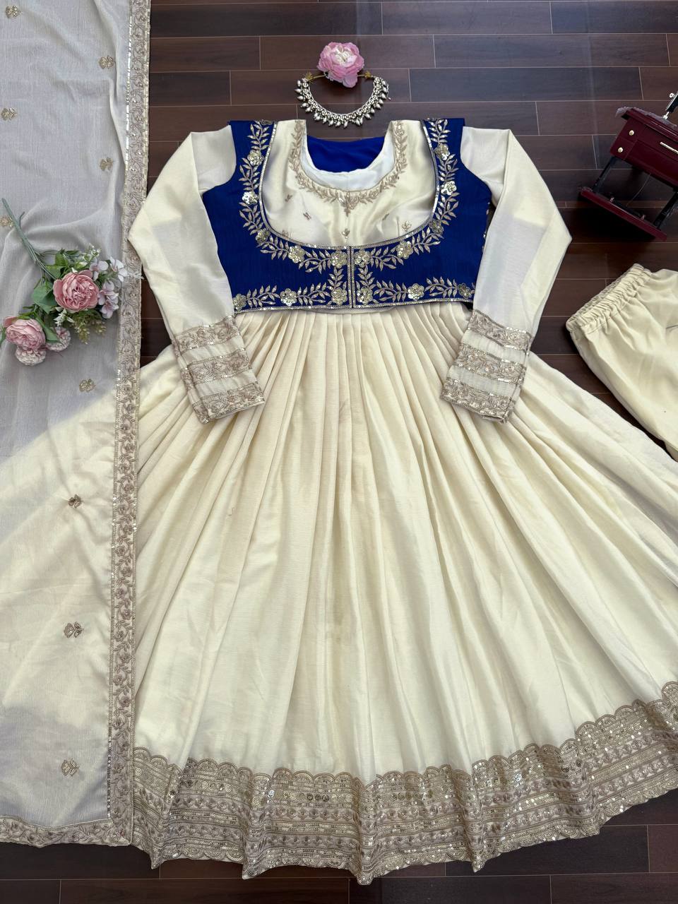 Off-White & Royal Blue Embroidered Anarkali Suit Set with Dupatta & Bottom – Elegant Festive Wear for Women