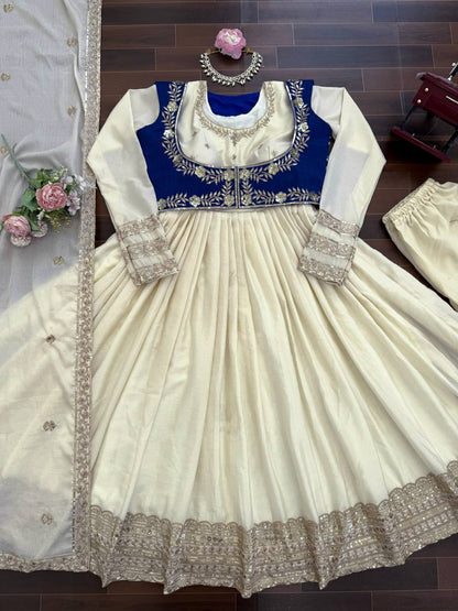 Off-White & Royal Blue Embroidered Anarkali Suit Set with Dupatta & Bottom – Elegant Festive Wear for Women