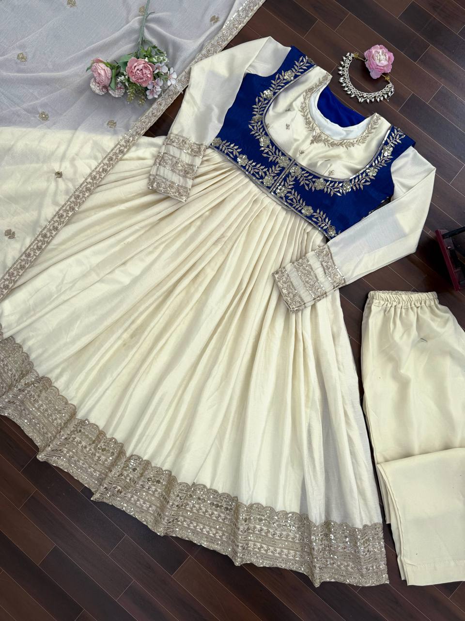 Off-White & Royal Blue Embroidered Anarkali Suit Set with Dupatta & Bottom – Elegant Festive Wear for Women