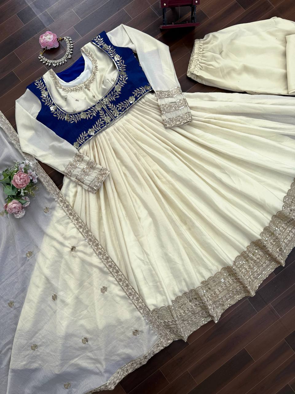 Off-White & Royal Blue Embroidered Anarkali Suit Set with Dupatta & Bottom – Elegant Festive Wear for Women