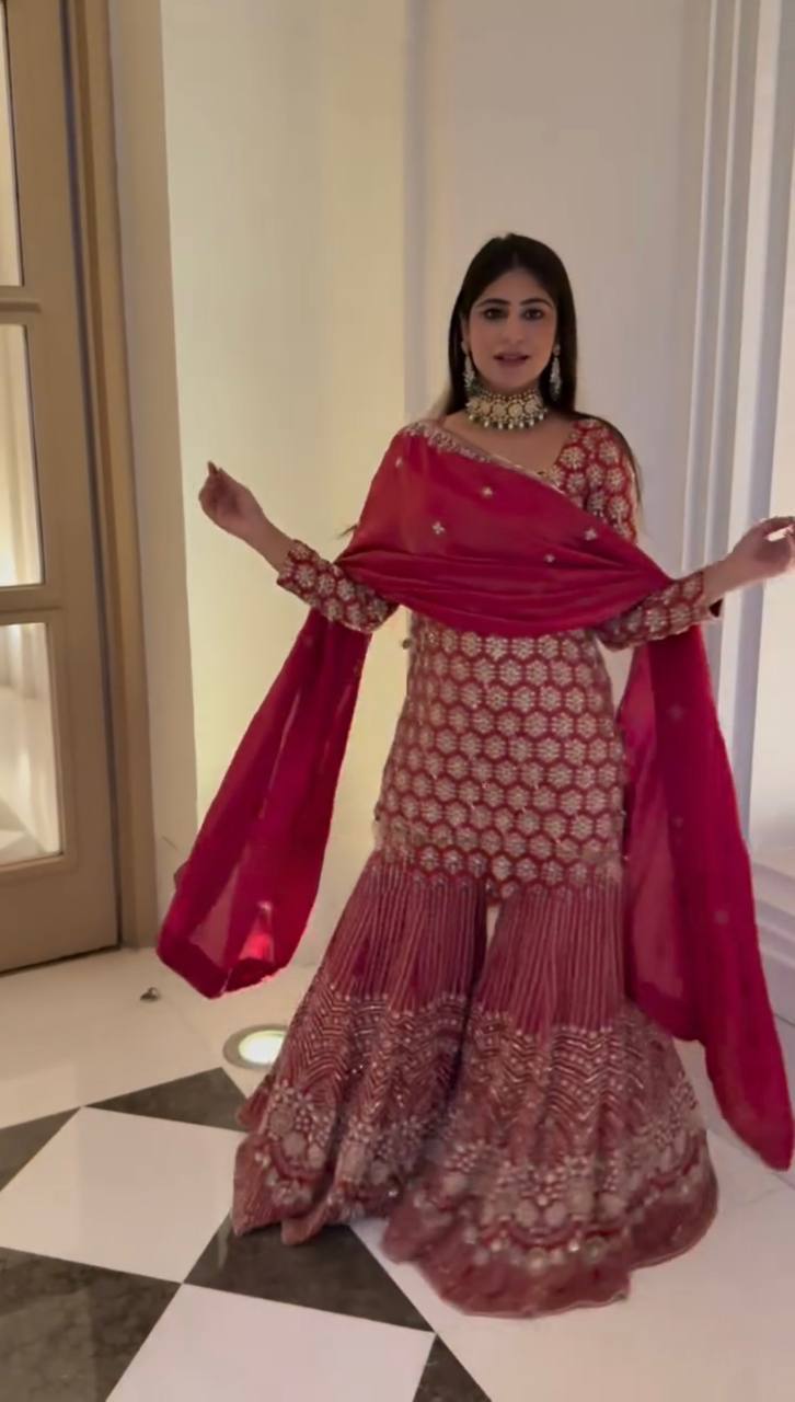 Red Heavy Embroidered Kurti Sharara Set with Dupatta – Wedding & Festive Wear for Women