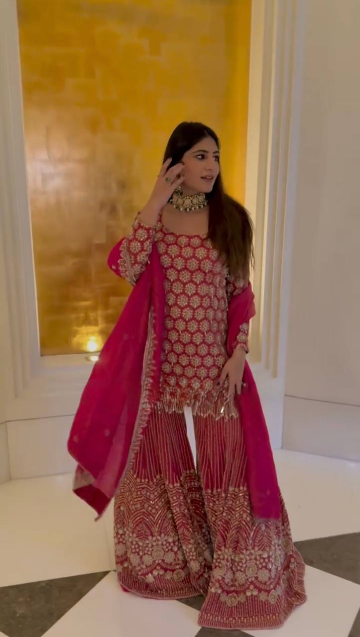 Red Heavy Embroidered Kurti Sharara Set with Dupatta – Wedding & Festive Wear for Women