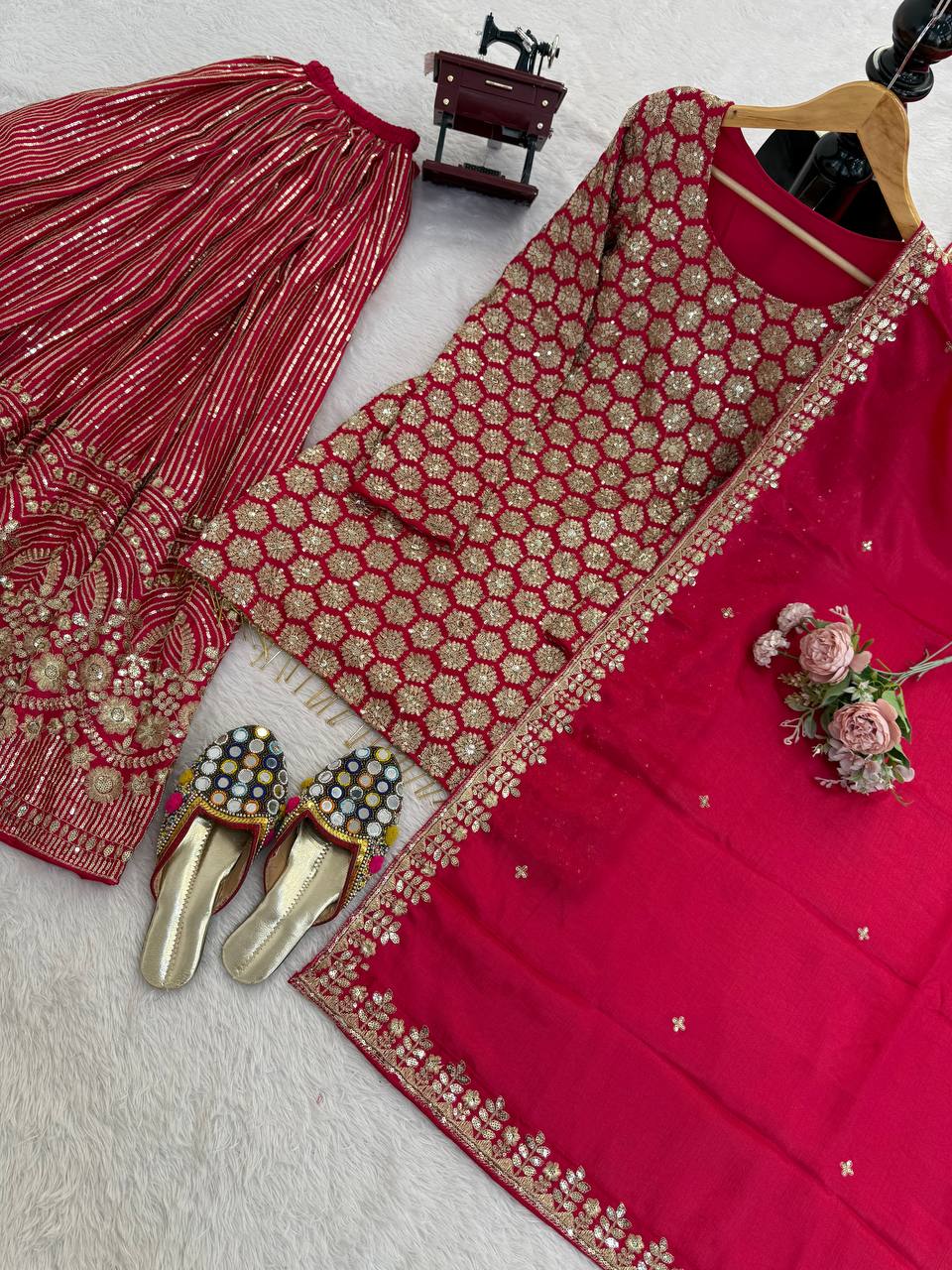 Red Heavy Embroidered Kurti Sharara Set with Dupatta – Wedding & Festive Wear for Women