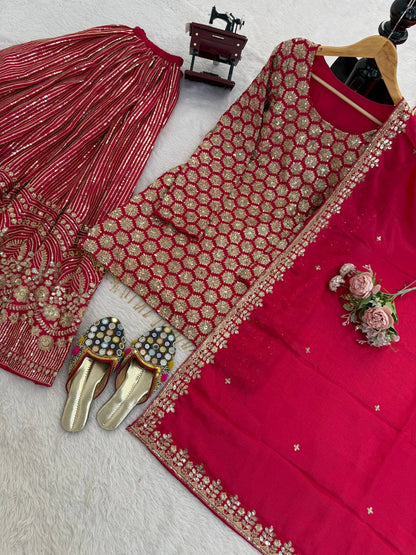 Red Heavy Embroidered Kurti Sharara Set with Dupatta – Wedding & Festive Wear for Women