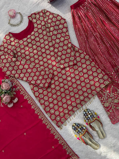 Red Heavy Embroidered Kurti Sharara Set with Dupatta – Wedding & Festive Wear for Women