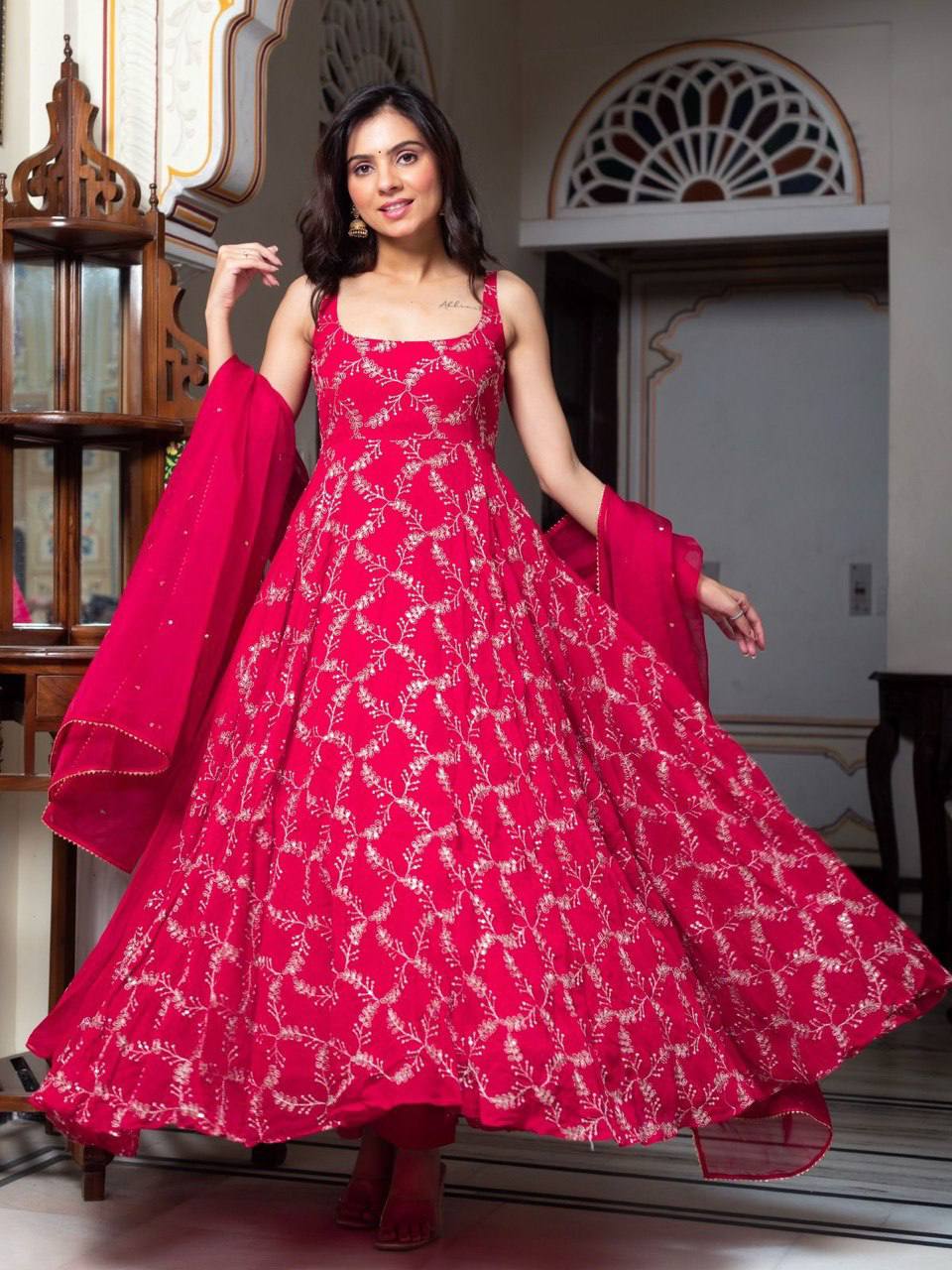 Rani Pink Embroidered Sleeveless Anarkali Suit Set with Dupatta & Bottom – Festive & Party Wear for Women