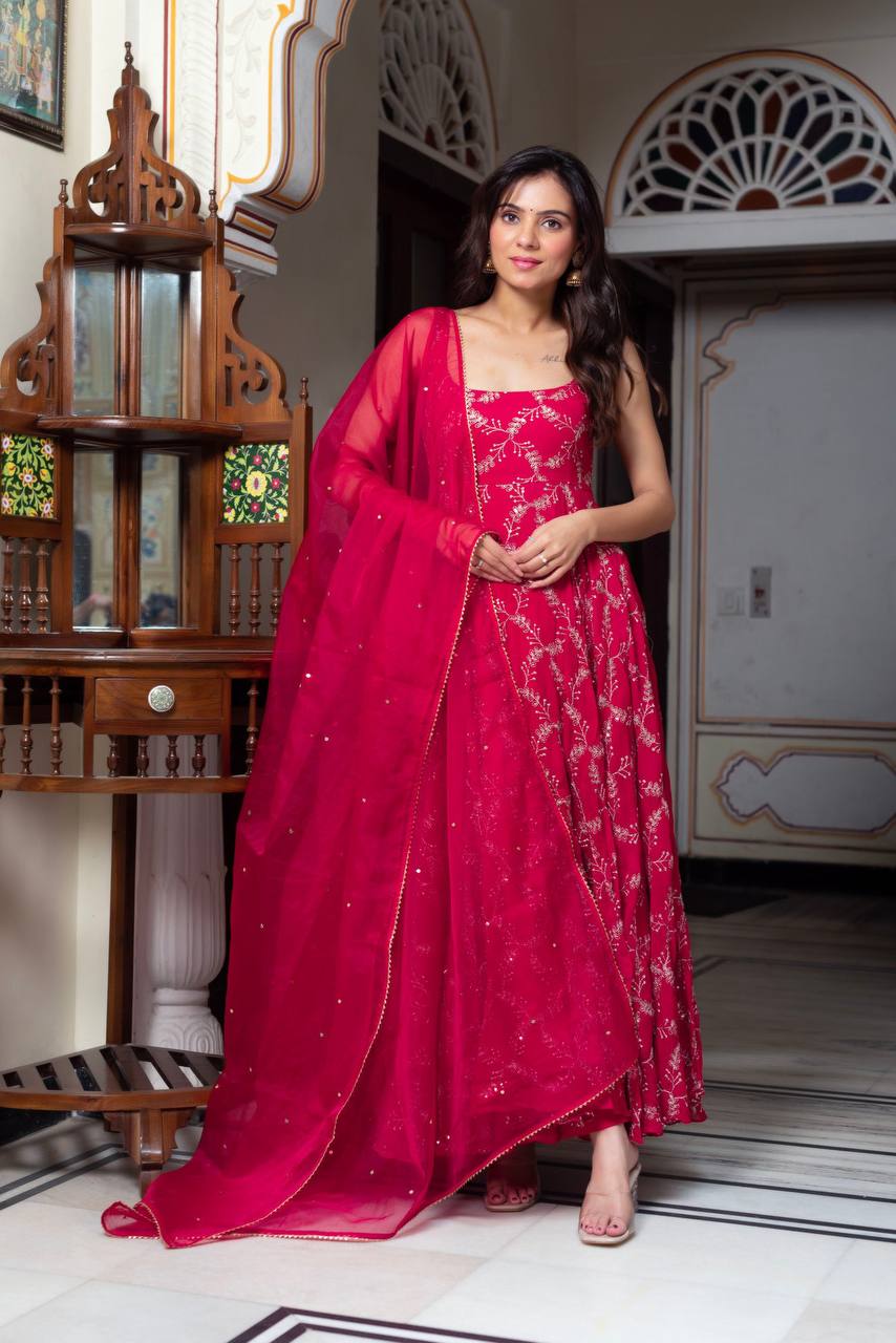 Rani Pink Embroidered Sleeveless Anarkali Suit Set with Dupatta & Bottom – Festive & Party Wear for Women