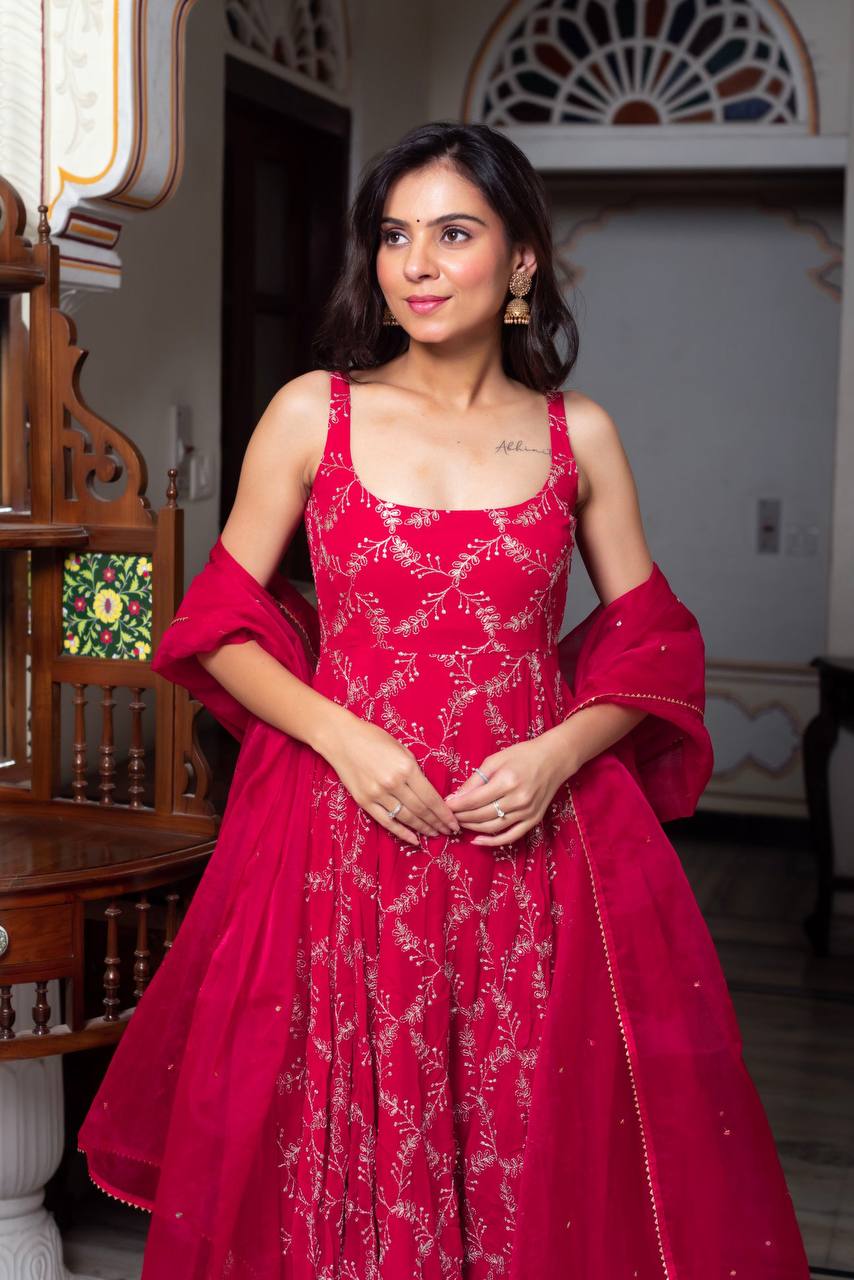 Rani Pink Embroidered Sleeveless Anarkali Suit Set with Dupatta & Bottom – Festive & Party Wear for Women