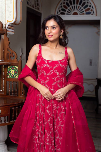 Rani Pink Embroidered Sleeveless Anarkali Suit Set with Dupatta & Bottom – Festive & Party Wear for Women