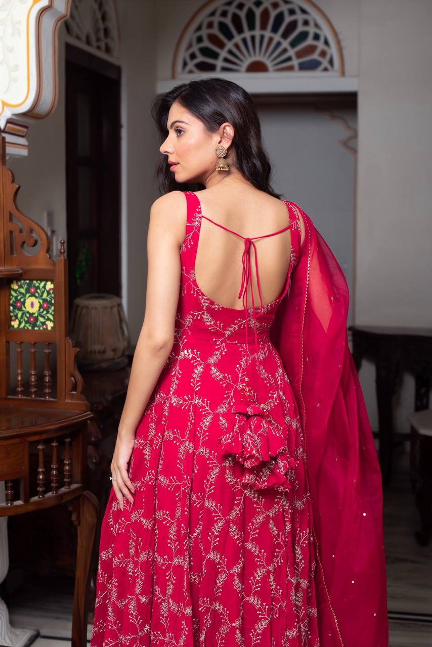 Rani Pink Embroidered Sleeveless Anarkali Suit Set with Dupatta & Bottom – Festive & Party Wear for Women