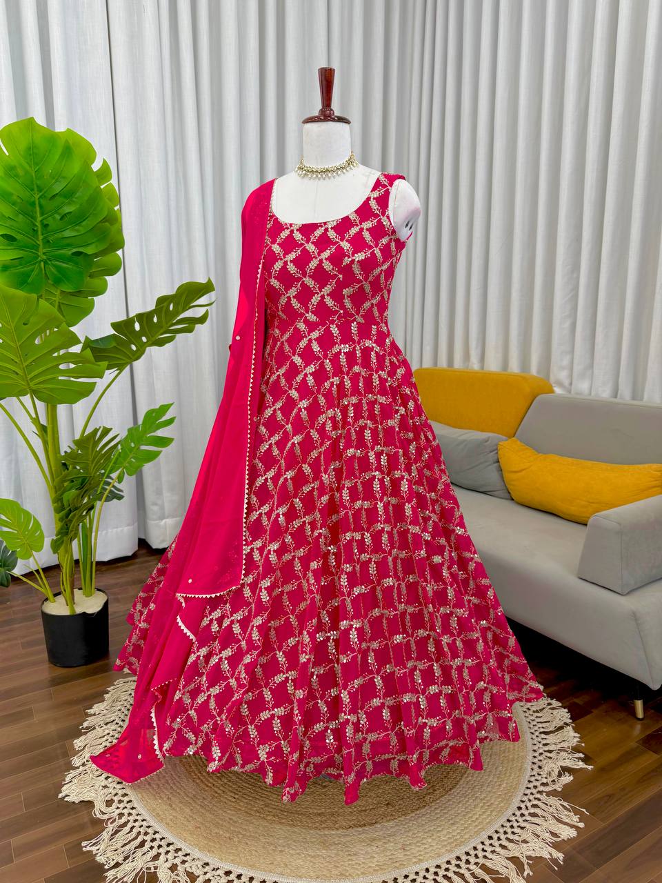 Rani Pink Embroidered Sleeveless Anarkali Suit Set with Dupatta & Bottom – Festive & Party Wear for Women