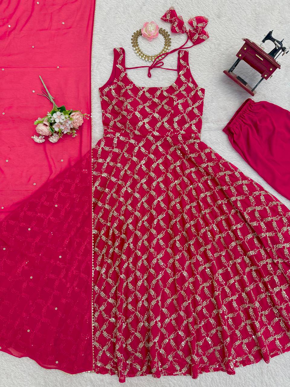 Rani Pink Embroidered Sleeveless Anarkali Suit Set with Dupatta & Bottom – Festive & Party Wear for Women
