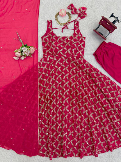 Rani Pink Embroidered Sleeveless Anarkali Suit Set with Dupatta & Bottom – Festive & Party Wear for Women