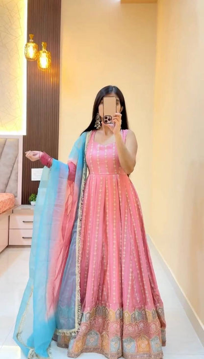 Dusty Rose Embroidered Sleeveless Anarkali Suit Set with Dupatta & Bottom – Festive & Party Wear for Women