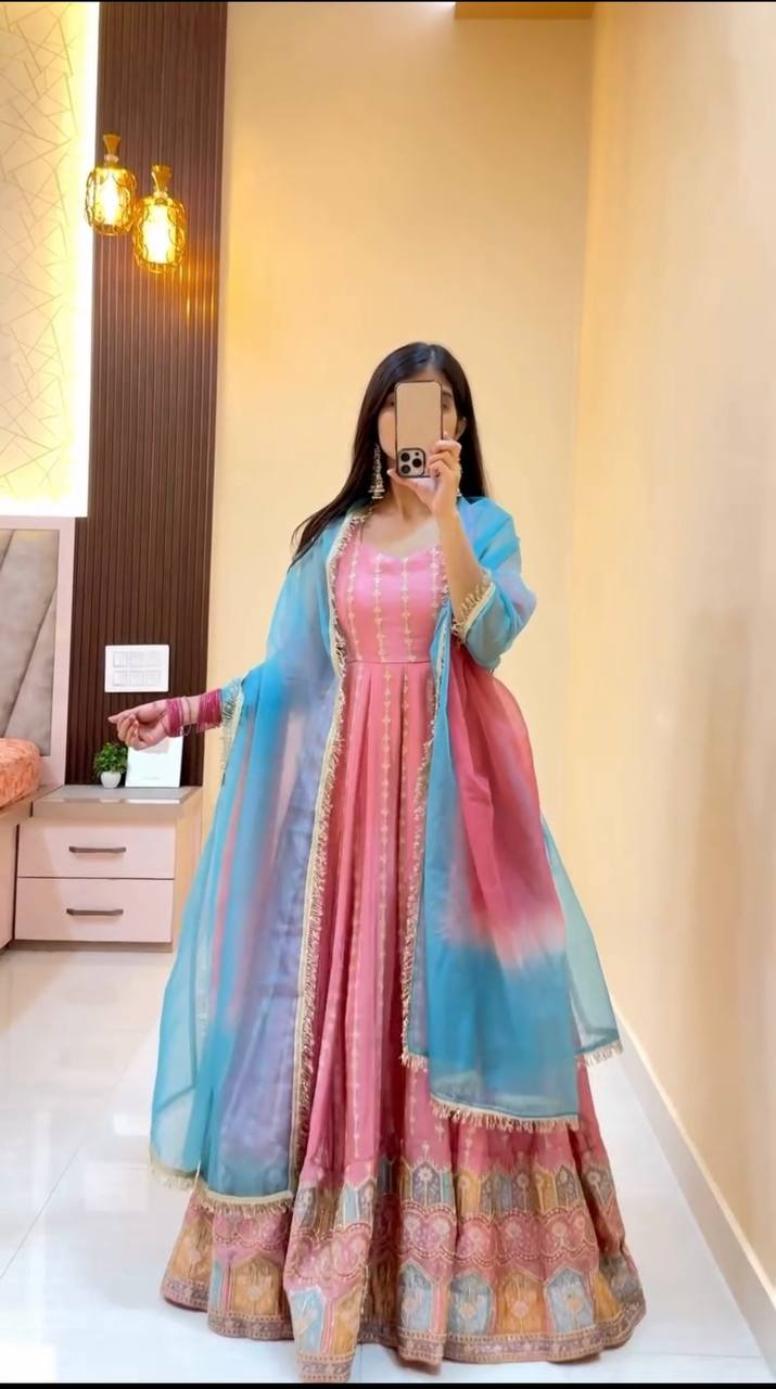 Dusty Rose Embroidered Sleeveless Anarkali Suit Set with Dupatta & Bottom – Festive & Party Wear for Women