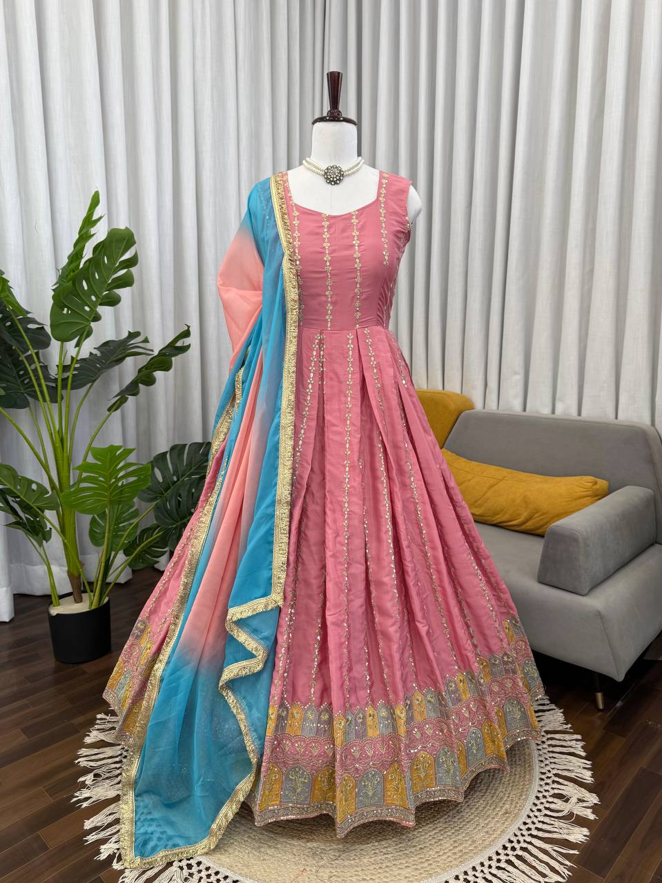 Dusty Rose Embroidered Sleeveless Anarkali Suit Set with Dupatta & Bottom – Festive & Party Wear for Women