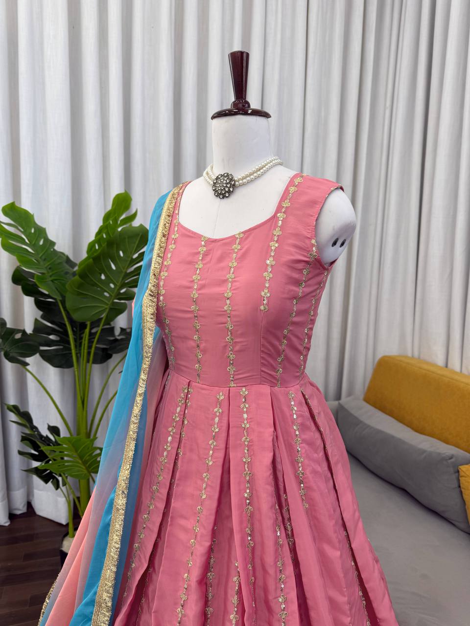 Dusty Rose Embroidered Sleeveless Anarkali Suit Set with Dupatta & Bottom – Festive & Party Wear for Women