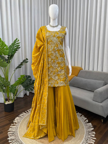 Heavy Embroidered Sleeveless Kurti Sharara Set with Dupatta – 2 Color Options (Red  & Mustard) | Festive Wear for Women
