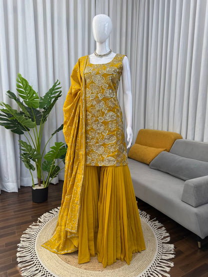 Heavy Embroidered Sleeveless Kurti Sharara Set with Dupatta – 2 Color Options (Red  & Mustard) | Festive Wear for Women