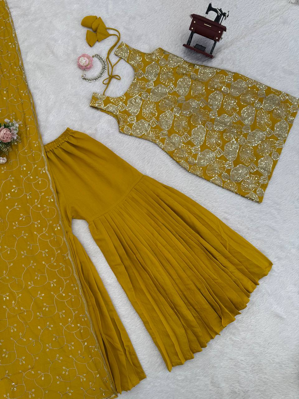 Heavy Embroidered Sleeveless Kurti Sharara Set with Dupatta – 2 Color Options (Red  & Mustard) | Festive Wear for Women
