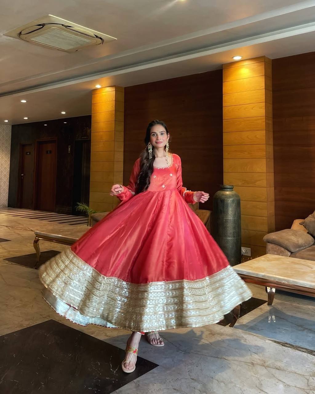 Coral Pink Silk Anarkali Suit Set with Embroidered Dupatta & Bottom – Festive & Wedding Wear for Women
