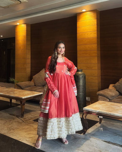 Coral Pink Silk Anarkali Suit Set with Embroidered Dupatta & Bottom – Festive & Wedding Wear for Women