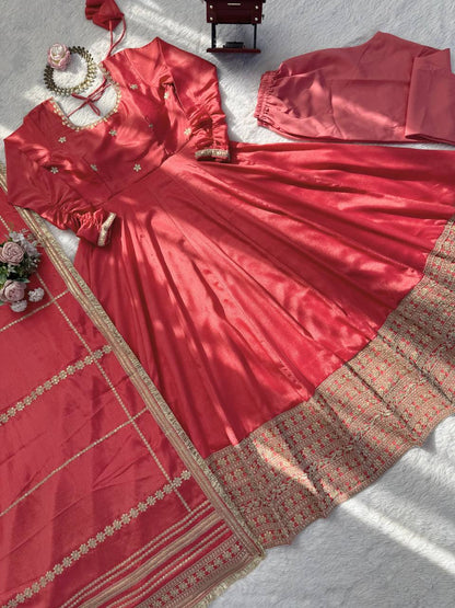 Coral Pink Silk Anarkali Suit Set with Embroidered Dupatta & Bottom – Festive & Wedding Wear for Women