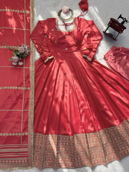 Coral Pink Silk Anarkali Suit Set with Embroidered Dupatta & Bottom – Festive & Wedding Wear for Women