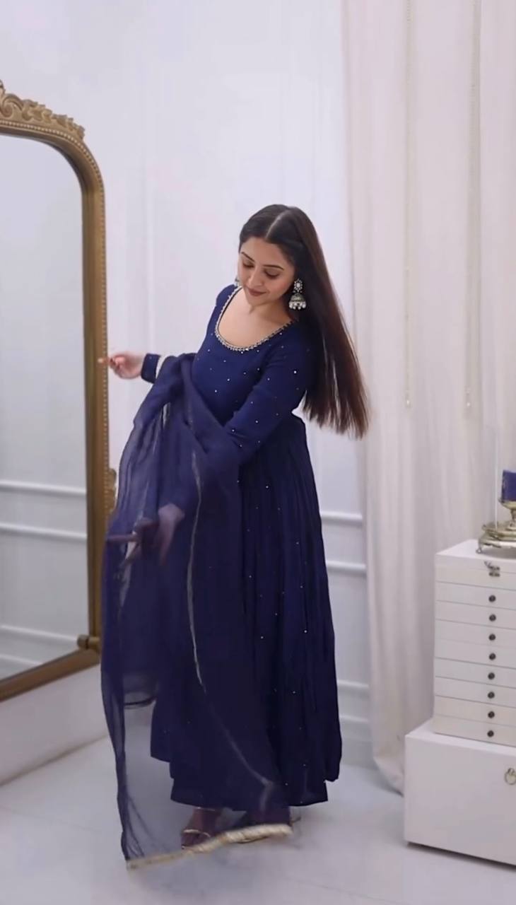 Navy Blue Minimal Embellished Anarkali Suit Set with Dupatta & Bottom – Elegant Festive Wear for Women