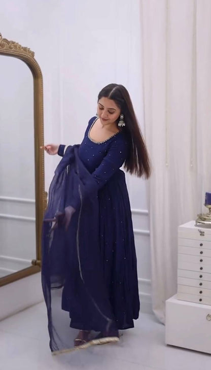 Navy Blue Minimal Embellished Anarkali Suit Set with Dupatta & Bottom – Elegant Festive Wear for Women