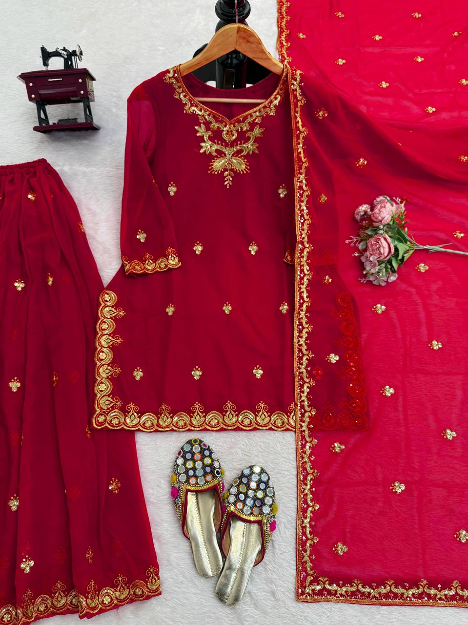Maroon Embroidered Kurta Set with Dupatta & Bottom – Classic Festive & Wedding Wear for Women