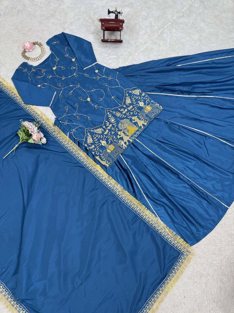 Royal Hand-Embroidered Kurta Sharara Set with Dupatta – Blue & Black