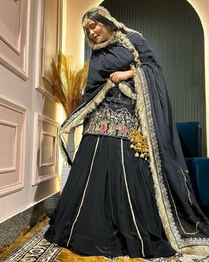 Royal Hand-Embroidered Kurta Sharara Set with Dupatta – Blue & Black