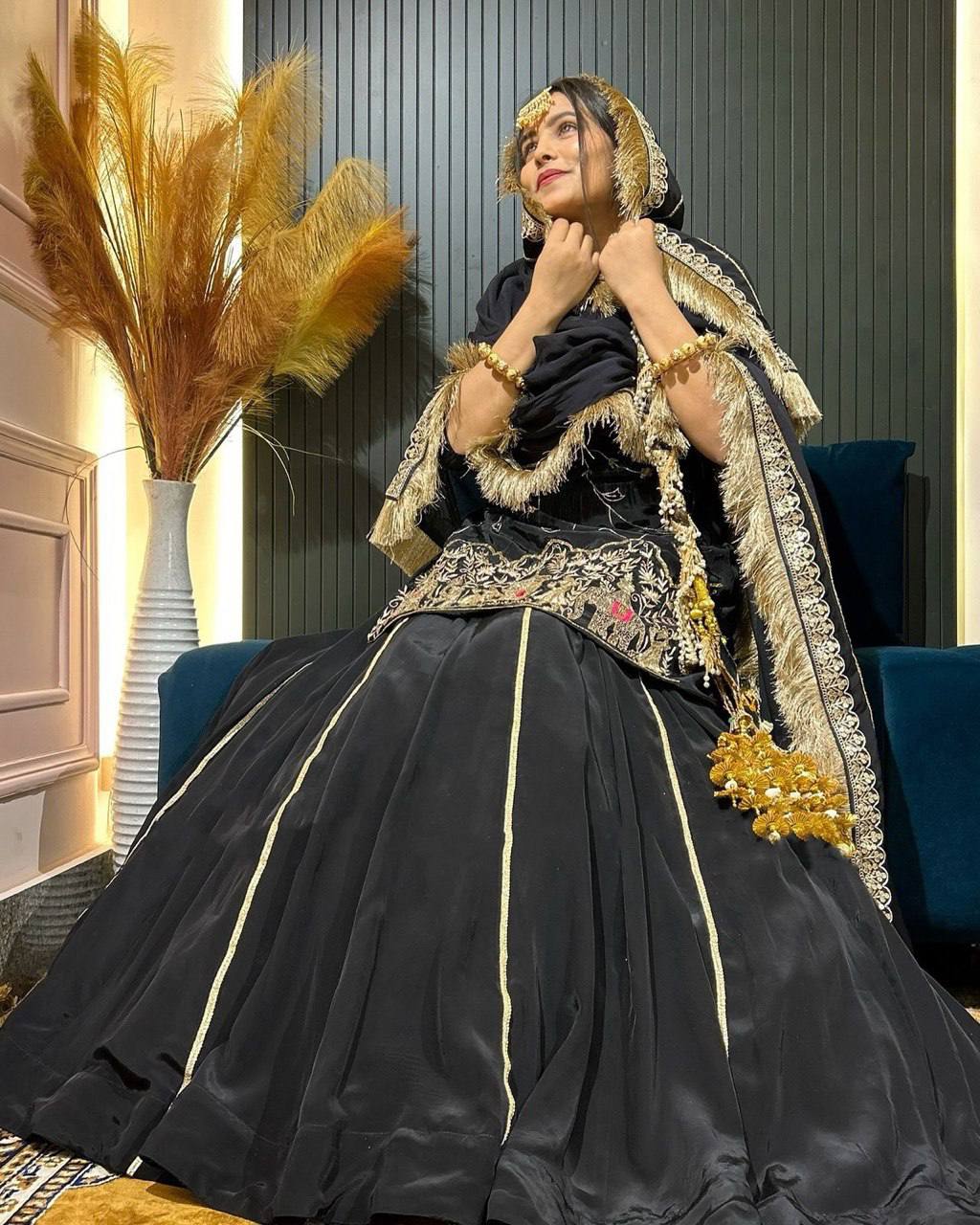 Royal Hand-Embroidered Kurta Sharara Set with Dupatta – Blue & Black