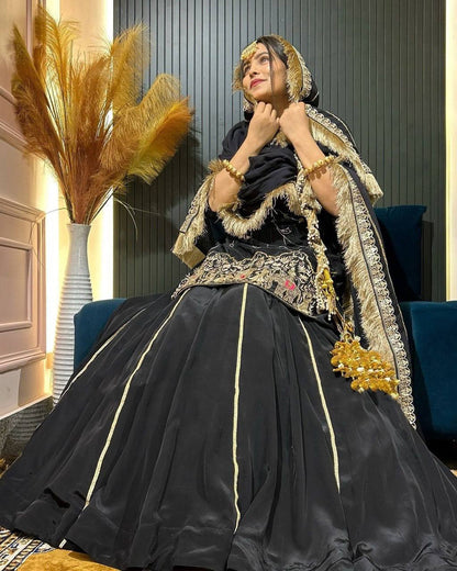 Royal Hand-Embroidered Kurta Sharara Set with Dupatta – Blue & Black