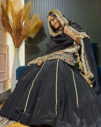 Royal Hand-Embroidered Kurta Sharara Set with Dupatta – Blue & Black