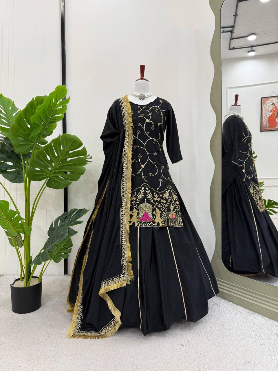Royal Hand-Embroidered Kurta Sharara Set with Dupatta – Blue & Black