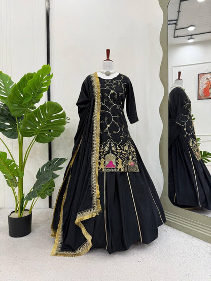 Royal Hand-Embroidered Kurta Sharara Set with Dupatta – Blue & Black