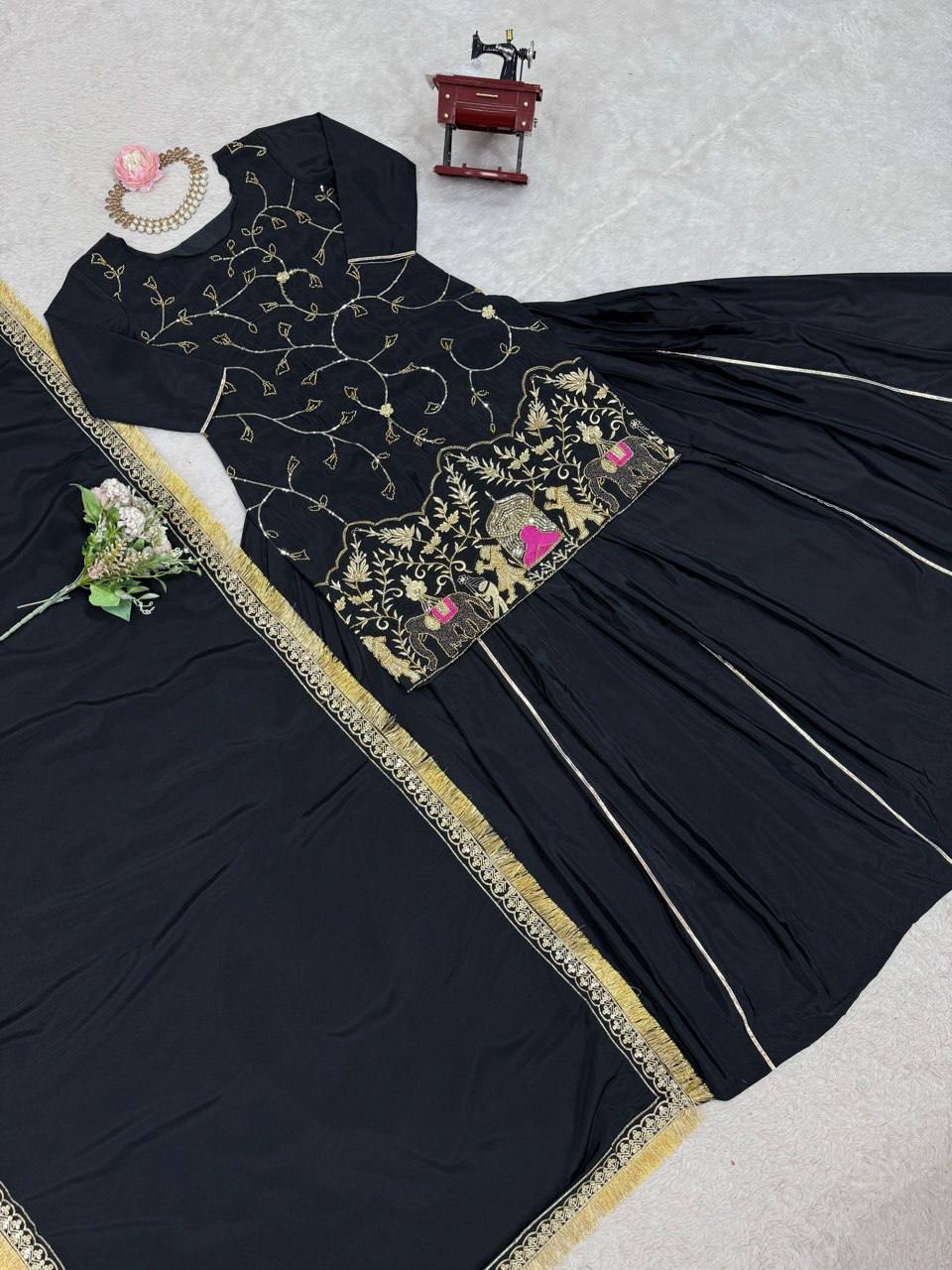 Royal Hand-Embroidered Kurta Sharara Set with Dupatta – Blue & Black