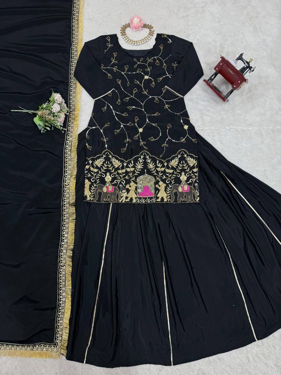 Royal Hand-Embroidered Kurta Sharara Set with Dupatta – Blue & Black