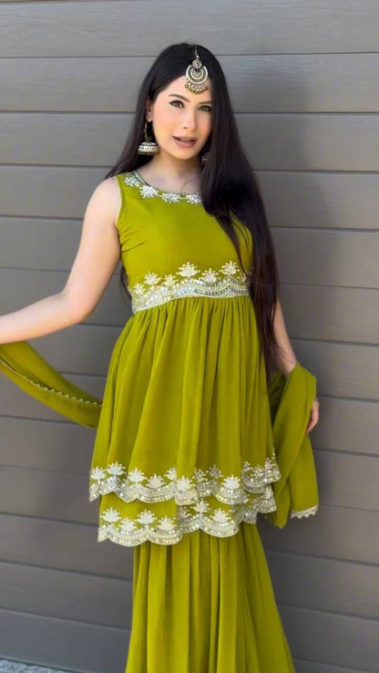 Olive Green Embroidered Crop Top Sharara Set with Dupatta