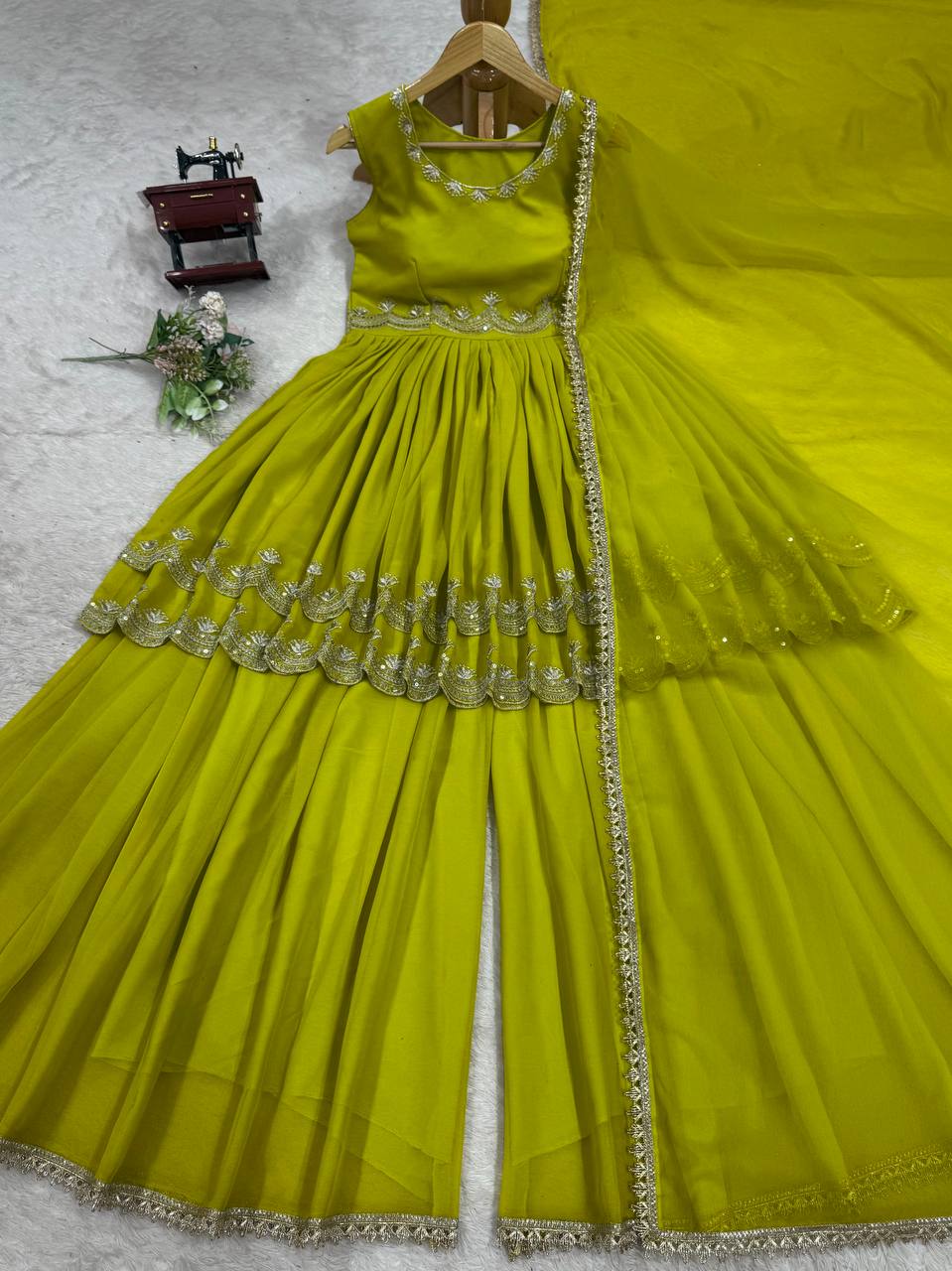 Olive Green Embroidered Crop Top Sharara Set with Dupatta
