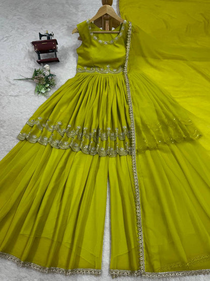 Olive Green Embroidered Crop Top Sharara Set with Dupatta