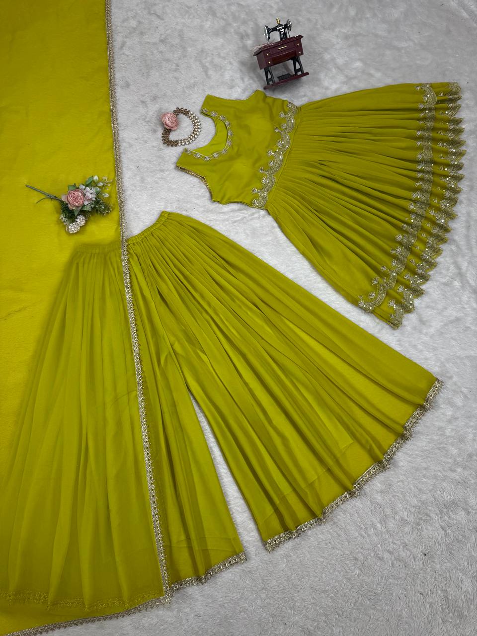 Olive Green Embroidered Crop Top Sharara Set with Dupatta