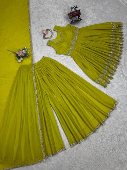 Olive Green Embroidered Crop Top Sharara Set with Dupatta