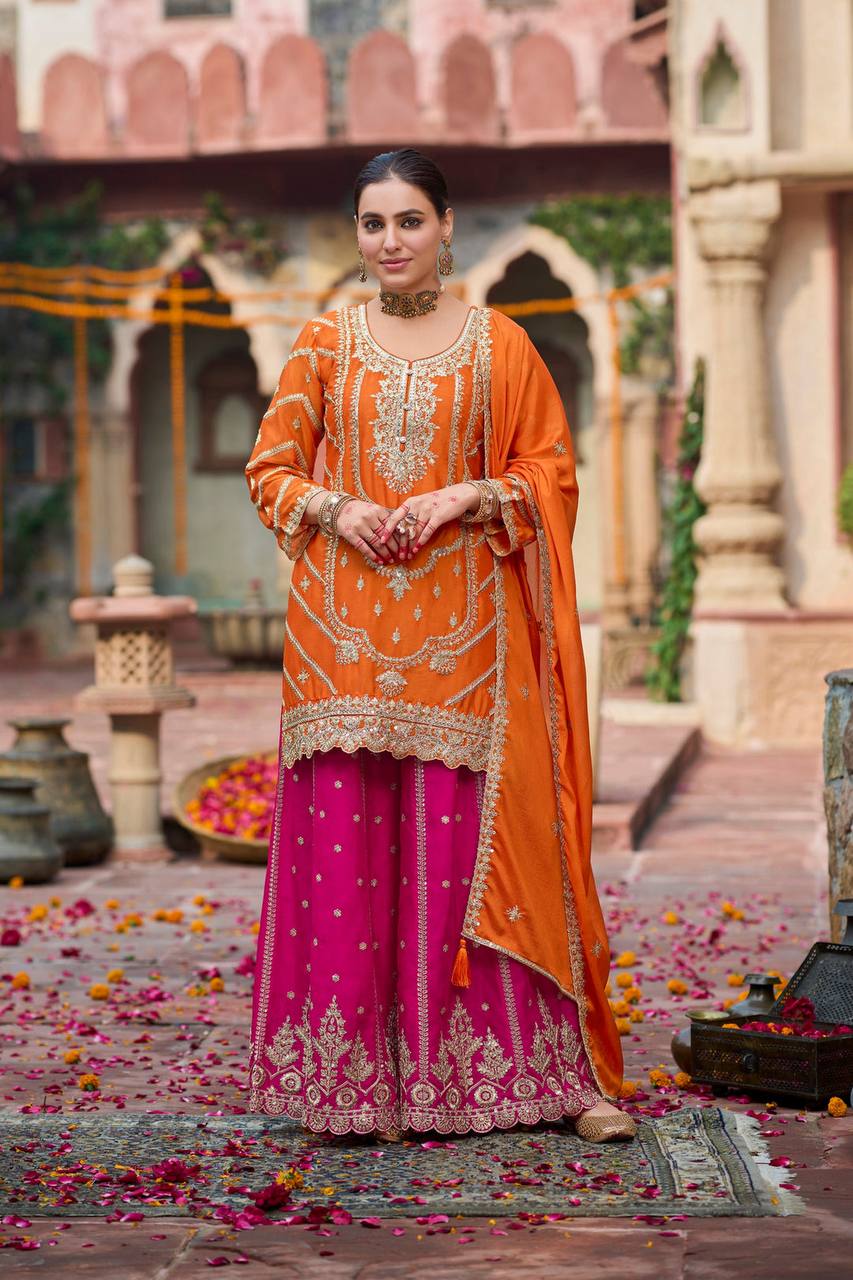 Orange Embroidered Kurta Sharara Set with Pink Bottom & Dupatta